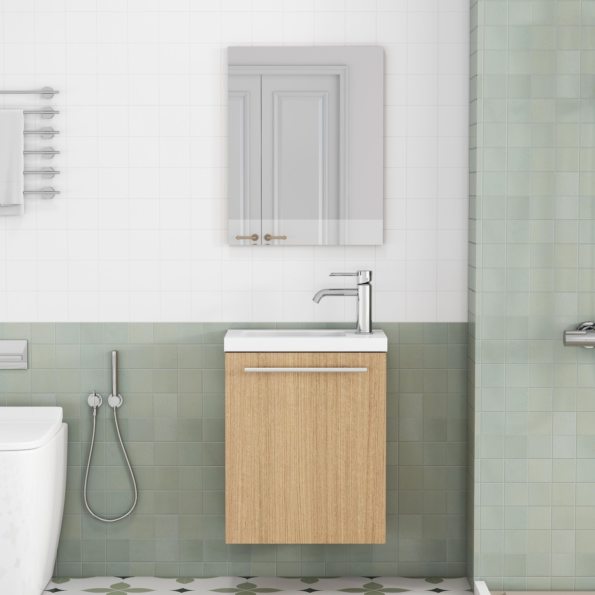 Badezimmer-waschtischunterschrank Hängend 40x25x48 Cm Mit Keramikwaschbecken Und Spiegel Gästebad Möbelset Aus Mdf Moderner Stil - Eiche