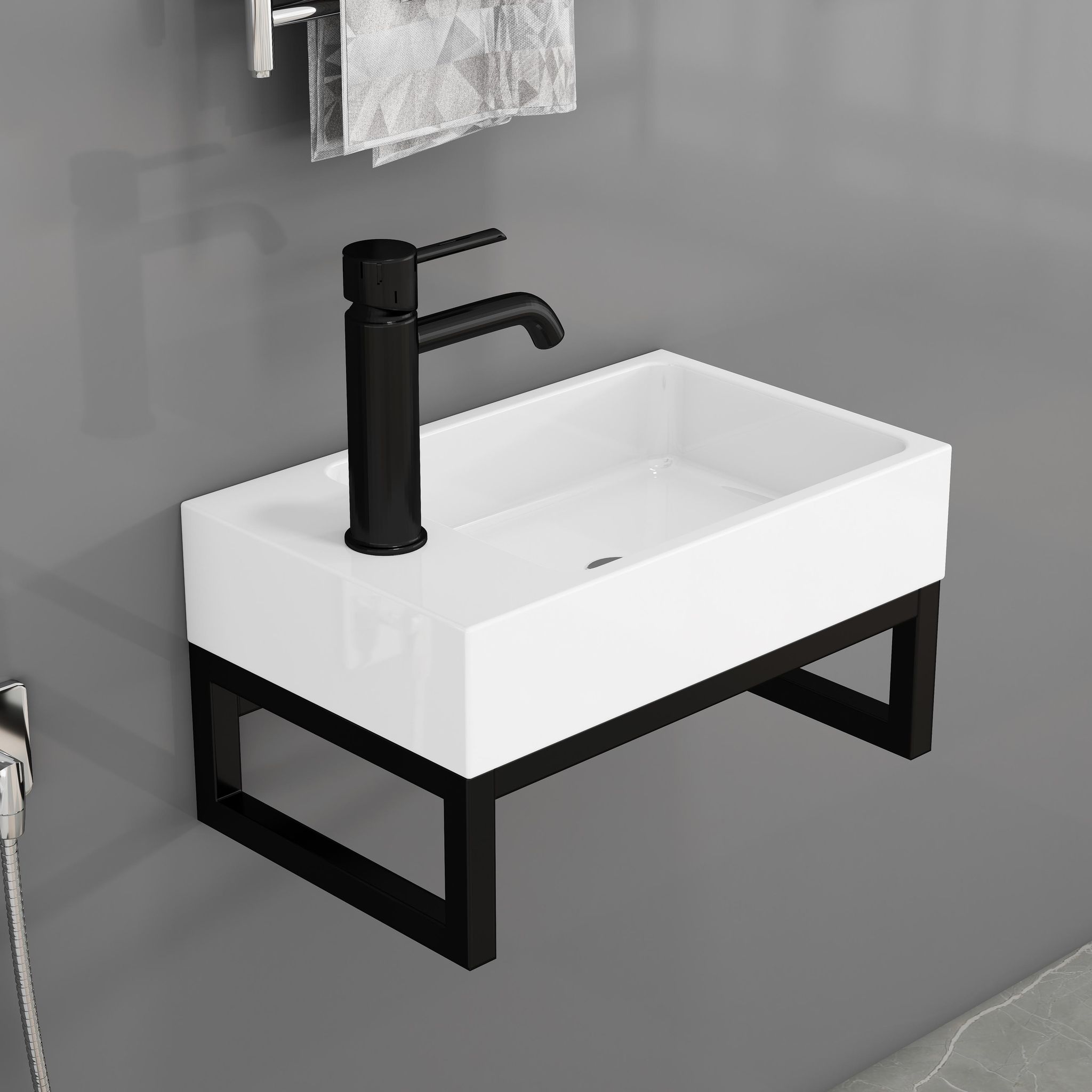 Wandwaschbecken 40x25x21 Cm - Handwaschbecken Mini Für Gäste-wc Und Kleines Badezimmer Platzsparend - Keramikbecken Mattweiß Mit Modernem Metallrahmen - Mattweiß Und Schwarz