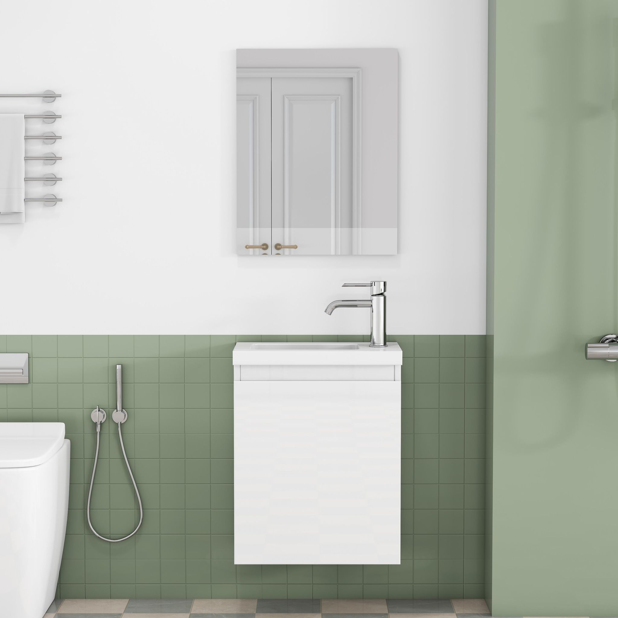Badezimmerschrank Mit Waschbecken Und Spiegel 40 Cm - Wandmontierter Waschtisch Mdf Keramik Für Gäste-wc - Modern Grifflos - Weiß Hochglanz