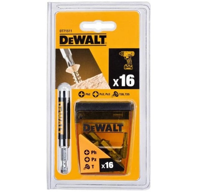 DT71511-QZ DT71511-QZ-Set de 16 St. kompakte magnetische Teleskopführung x1, Bits de Schraubendreherbits de 25mm: Ph2, Pz2 x6, Pz3 x3, T20, T25 x2,