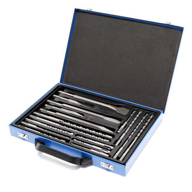 Wiltec - sds Hammer Bohrersatz 17 teilig für elektrischen Bohrhammer, Set mit Bohrern und Meißeln im Metallkoffer, Hammerbohrer Steinbohrer