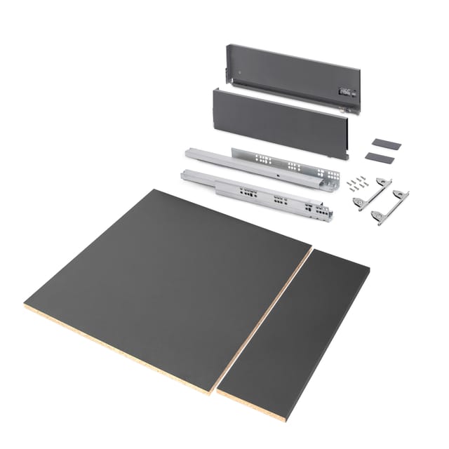 Schubladegarnitur Vertex für Küche oder Badezimmer mit 3D-Verstellung, Höhe 178mm, mit Spanplatten, Modul 600 mm, Anthrazitgrau - Emuca
