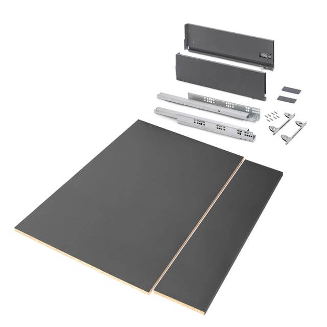 Schubladegarnitur Vertex für Küche oder Badezimmer mit 3D-Verstellung, Höhe 178mm, mit Spanplatten, Modul 900 mm, Anthrazitgrau - Emuca