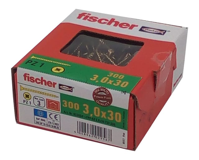 Fischer - 300x Spanplattenschrauben 3,0x30 PZ1 Holzschrauben verzinkt Vollgewinde