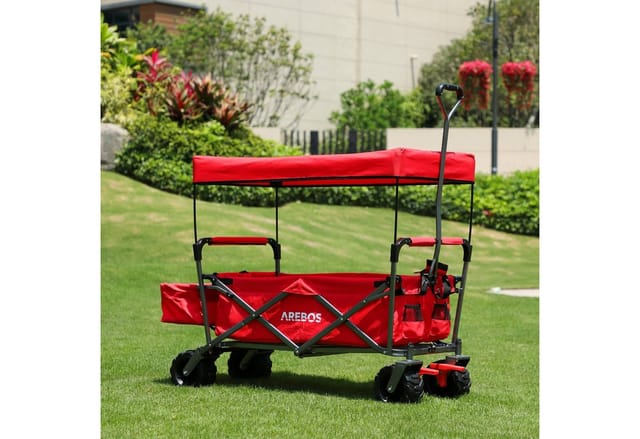 Arebos - Bollerwagen Faltbar Mit Dach Handwagen Transportkarre Gerätewagen Inklusive 2 Netztaschen Und Einer Aussentasche Vorderrad Und Bremse Klappbar Vollgummi Reifen Bis 100 Kg Tragkraft