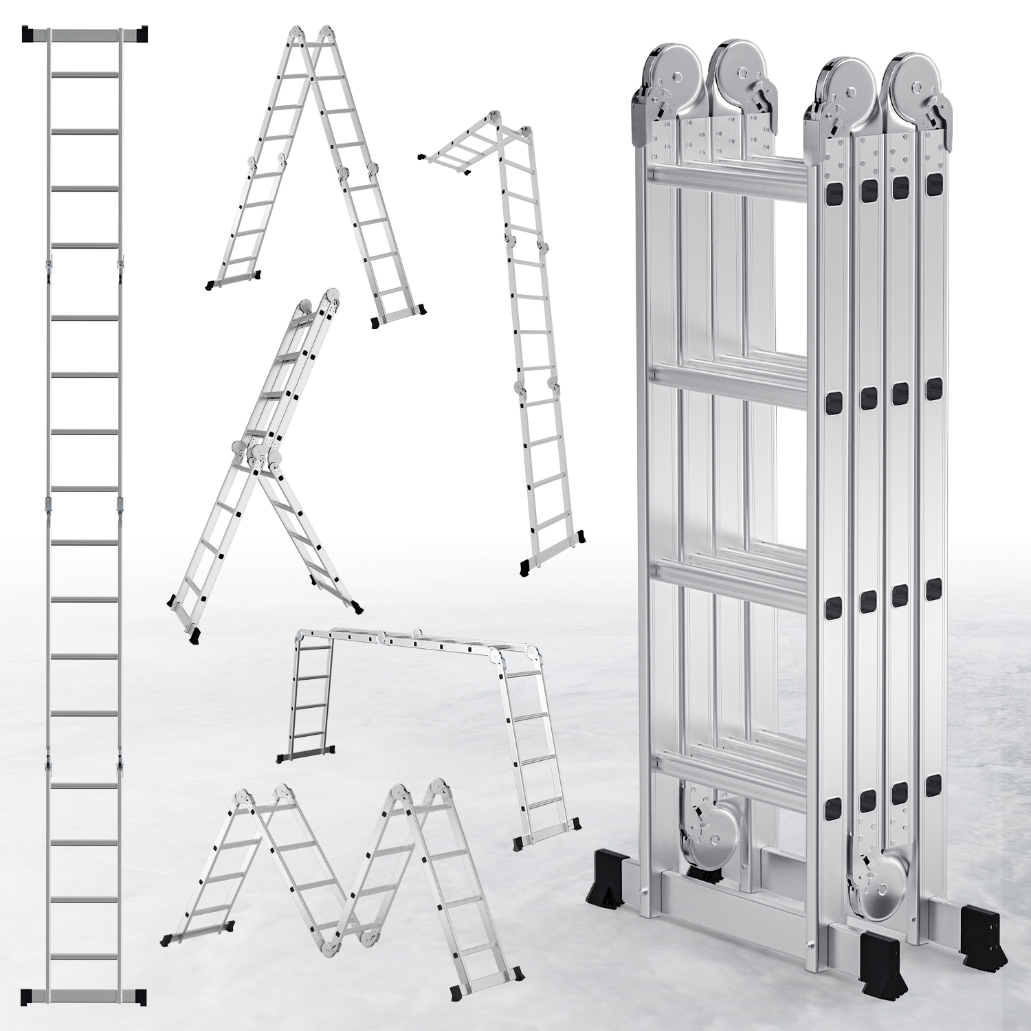 Tolletour 7in1 Mehrzweckleiter 4x4 Stufen Aus Aluminium, Ca. 470cm / 4.7m, Multifunktions-gelenkleiter, Klappleiter & Stehleiter, Max. Belastbarkeit 150 Kg