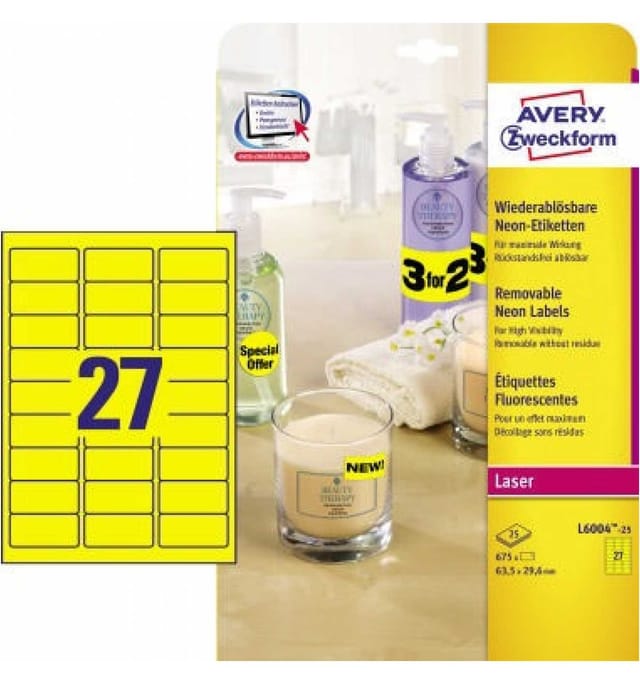 Avery Zweckform - Neonetikett 63,5 x 29,6 mm (b x h) wieder ablösbar neongelb 675 Etik./Pack.