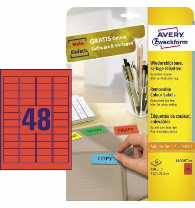 Avery Zweckform - Universaletikett 45,7 x 21,2 mm (b x h) wieder ablösbar Papier rot 960 Etik./Pack.
