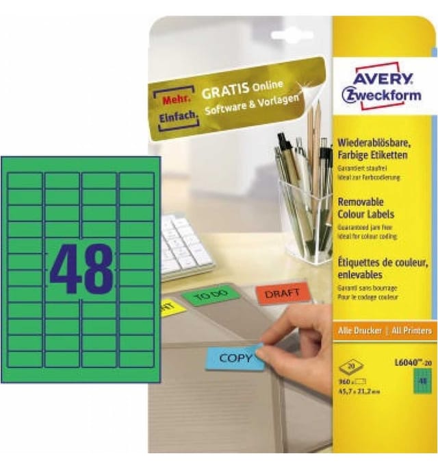 Avery Zweckform - Universaletikett 45,7 x 21,2 mm (b x h) wieder ablösbar Papier grün 960 Etik./Pack.