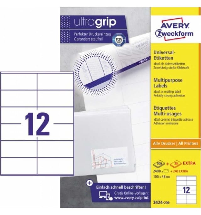 Avery Zweckform - Universaletikett ultragrip 105 x 48 mm (b x h) nicht wieder ablösbar Papier weiß 2.640 Etik./Pack.