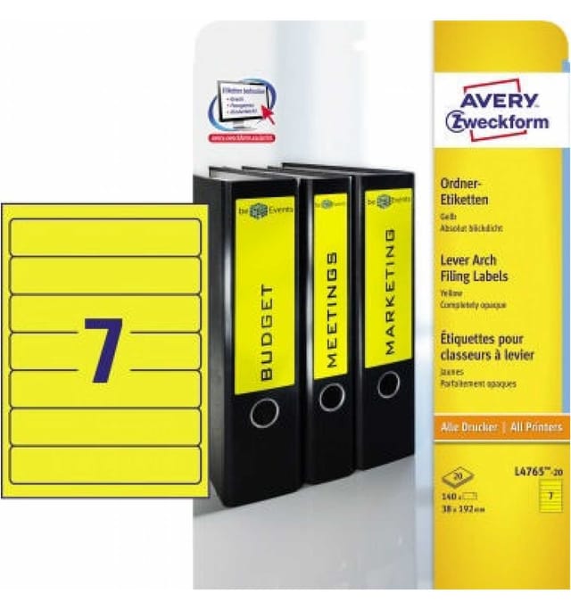 Avery Zweckform - Ordnerrückenetikett ultragrip schmal/kurz 38 x 192 mm (b x h) selbstklebend ohne Griffloch gelb 140 Etik./Pack.