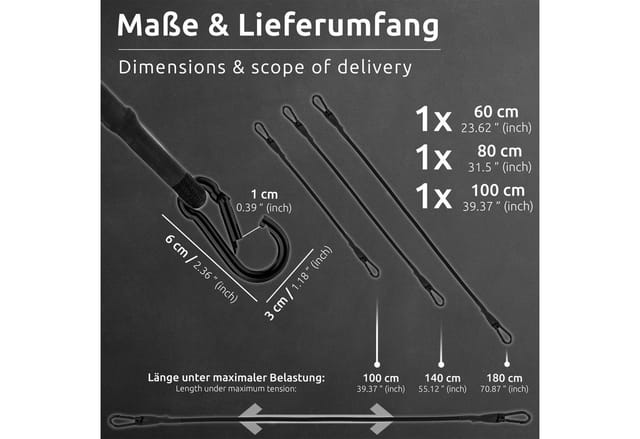 Ecence - 3x Spanngummi mit Karabiner 1x100cm, 1x80cm, 1x 60cm in Schwarz Latex Spanngurte