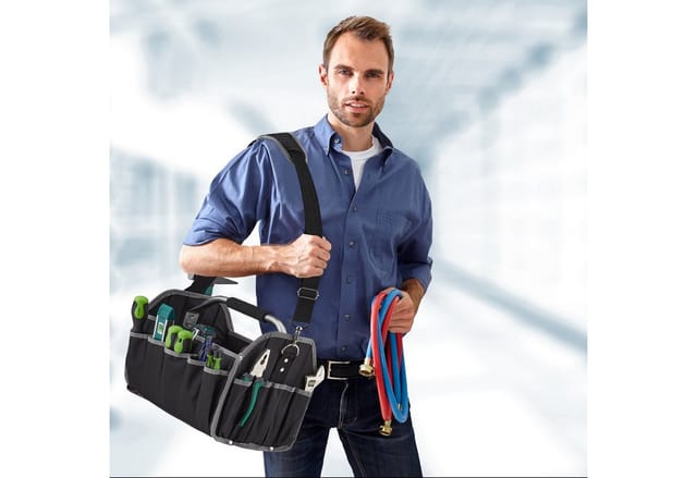 Werkzeugtasche, leer, Schultergurt & Tragegriff, offene Tragetasche für Werkzeug, hbt 30 x 42 x 23 cm, schwarz - Relaxdays