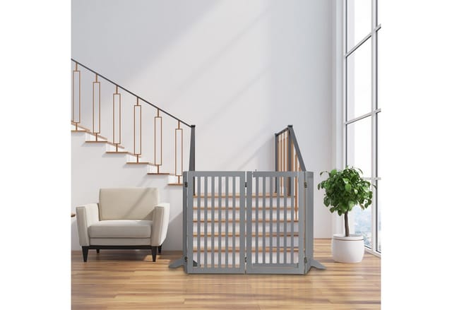 Relaxdays Absperrgitter, HxB: 92 x 207 cm, faltbar, mit Tür & Füßen, freistehendes Hunde Schutzgitter, Türgitter, grau