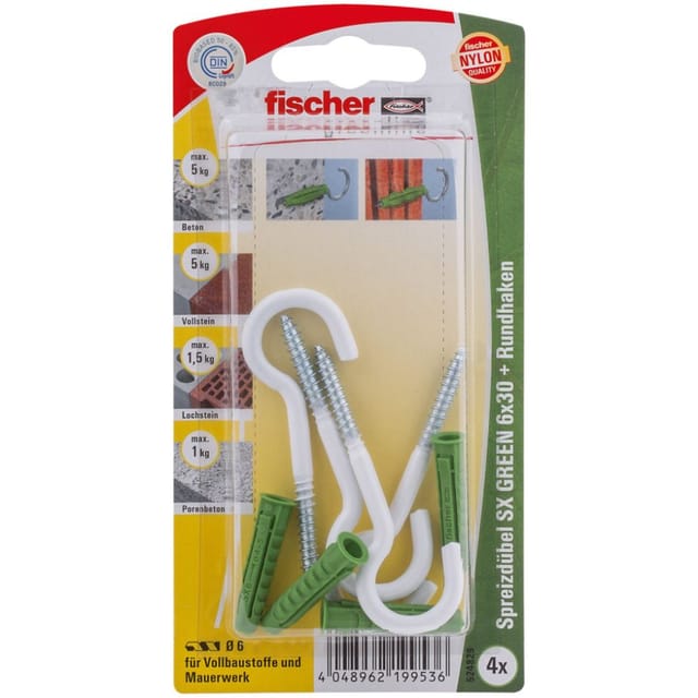 Fischer - 4x Spreizdübel sx green 6x30 rh n mit Rundhaken nylonbeschichtet - 524829 Auslauf