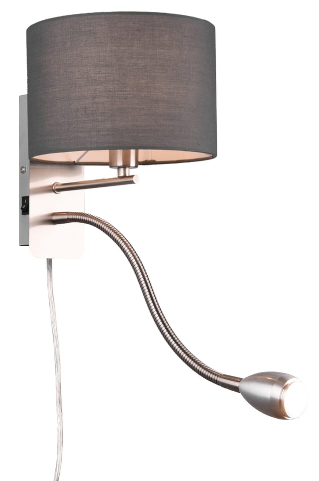 Trio - Wandleuchte hotel mit led Leselampe & Stecker, Stoffschirm Grau, Höhe 23,5cm