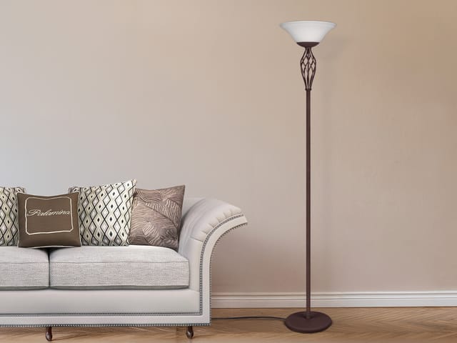 Trio - Deckenfluter rustica Landhausstil Rostoptik mit Glasschirm, Höhe 180cm