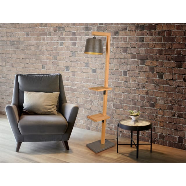 Trio - Stehlampe rodrigo mit Holz Ablagen, Lampenschirm Silber antik, Höhe 165cm