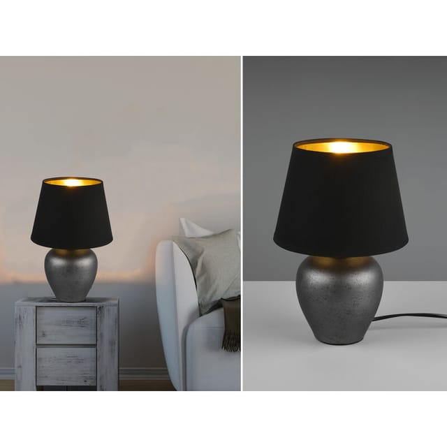 Kleine Tischlampe abby mit Keramikfuß & Stoffschirm Schwarz Gold, Höhe 26cm