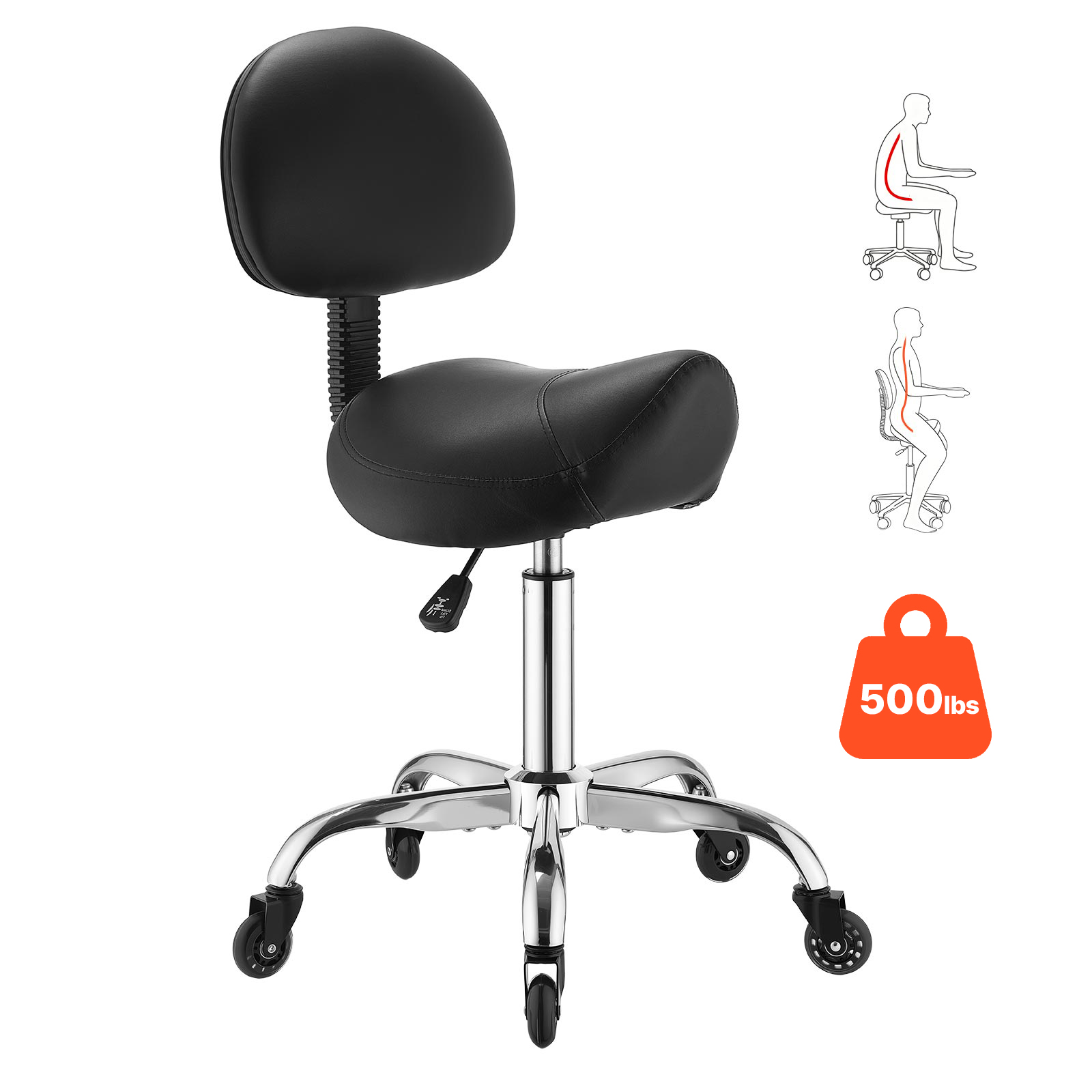 Vevor Sattelhocker 226,8 Kg, Rollhocker Höhenverstellbar, Bürohocker Mit Rückenlehne, Leiser Rolle, Ergonomischem Sitz Aus Pu-leder, 360° Drehbar, Ideal Für Salon, Spa, Bar, Arztpraxis, Schwarz