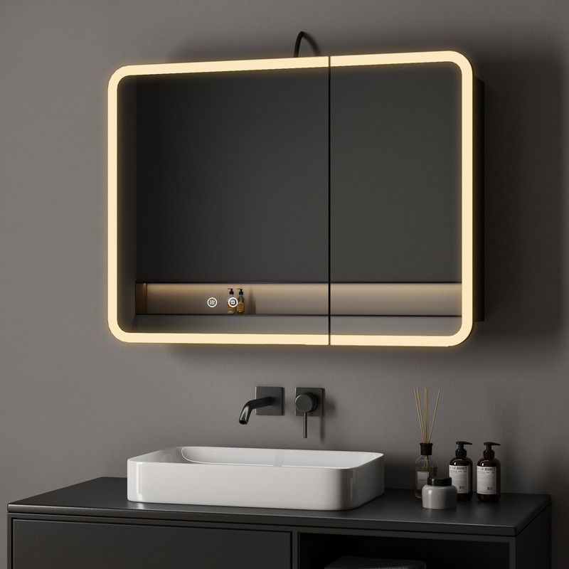 Spiegelschrank Bad Mit Beleuchtung 80x60 Cm Komplett Vormontiert Spiegelschrank Schwarz Mit Beleuchtung Badezimmerschrank Mit Spiegel Hängeschränke Medizin Kabinett Mit 3 Einstellbare Lichtfarben, Bes