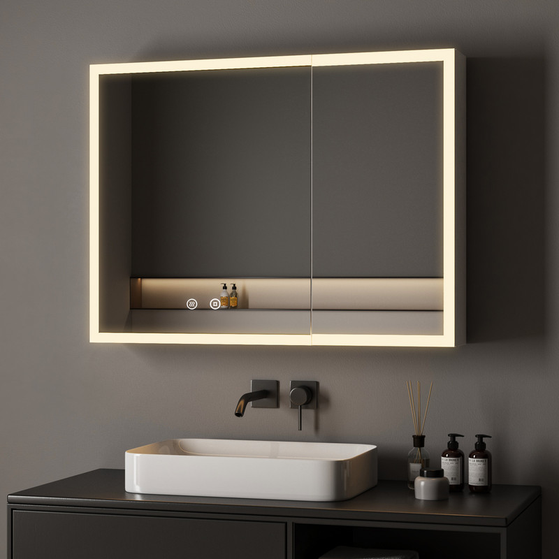 80 X 60 Cm Spiegelschrank Bad Mit Beleuchtung Weiß Led Spiegelschrank Mit Beleuchtung Badschrank Hängeschränke Mit 3 Einstellbare Lichtfarben Beschlagfrei, Weiß