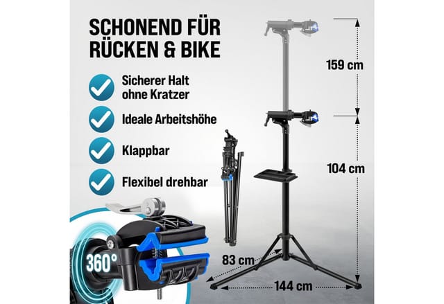 Fahrradmontageständer Profi E-Bike 50 kg Tragetasche Reifenheber Werkzeugablage Stahl Reparaturständer - Monzana