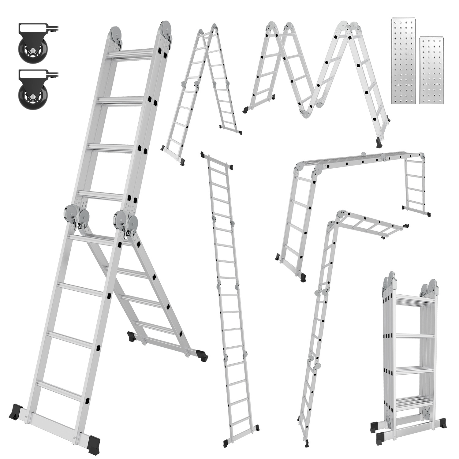 Wolketon Mehrzweckleiter Multifunktionsleiter 7in1 4x4 Stufen, Ca. 470cm / 4.7m, Alu Gelenkleiter Mit 2 Plattformen, 2 Rollen, Max. Belastbarkeit 150 Kg