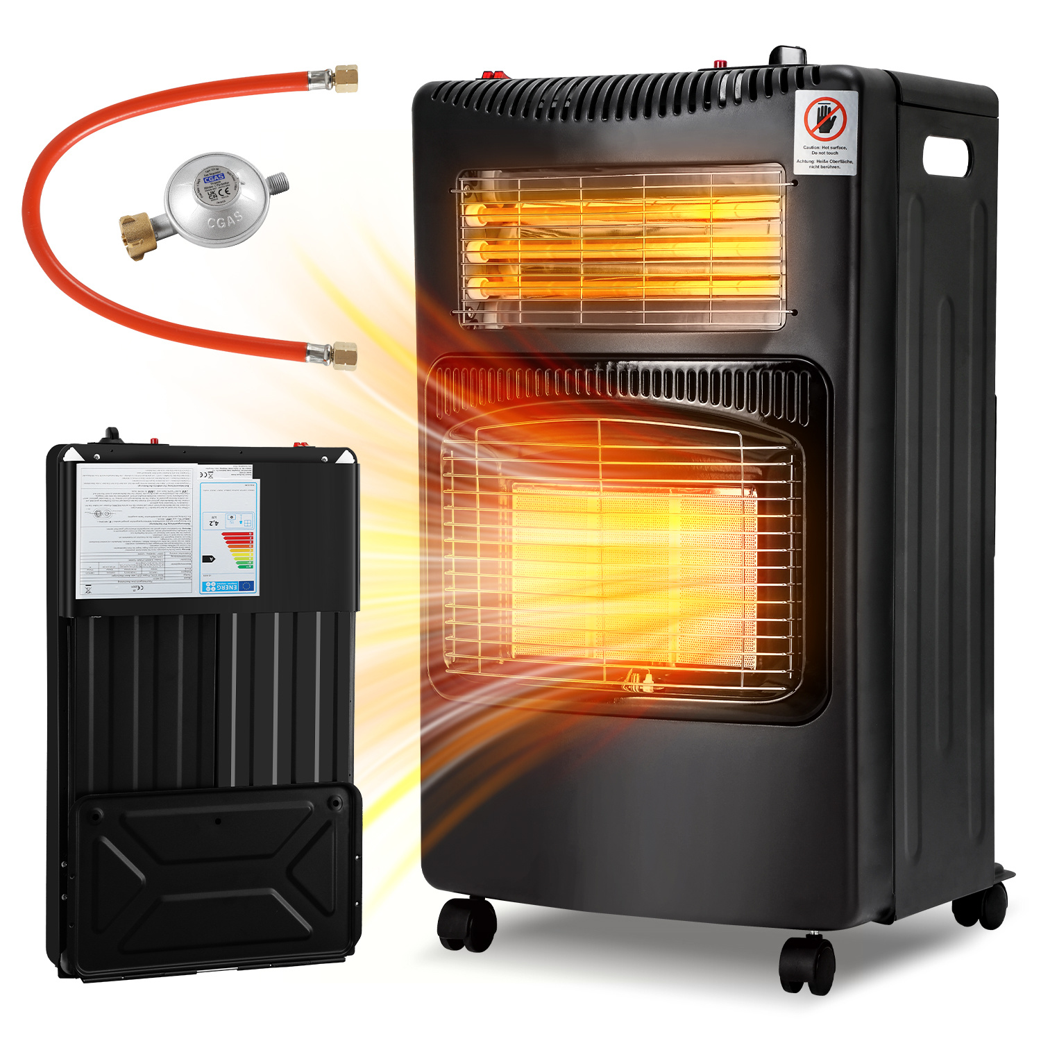 Wolketon Gas-elektroheizer 4200 W + 1200 W, 3 Heizstufen, Infrarotwärme, Für Flüssiggas, Schwarz
