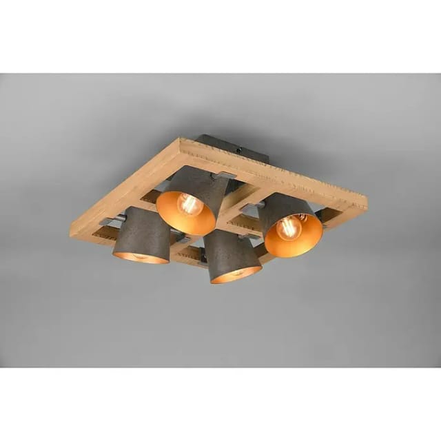 Trio - Deckenstrahler bell 4-flammig Silber antik & Gold mit Holz, Quadrat 39cm
