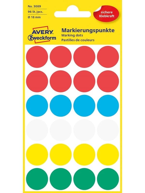 Avery Zweckform - Markierungspunkt 18mm Papier farbig sortiert 96 Etik./Pack.