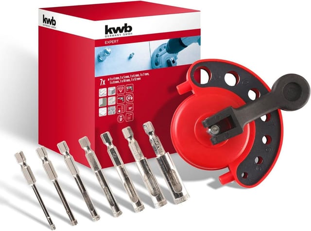 KWB - 8-tlg. Diamant-Lochsägen Set ø 4, 5, 6, 7, 8, 10 und 12 mm mit diamantbestreuter Schneidfläche, hohe Präzision, großer Materialauswurf,