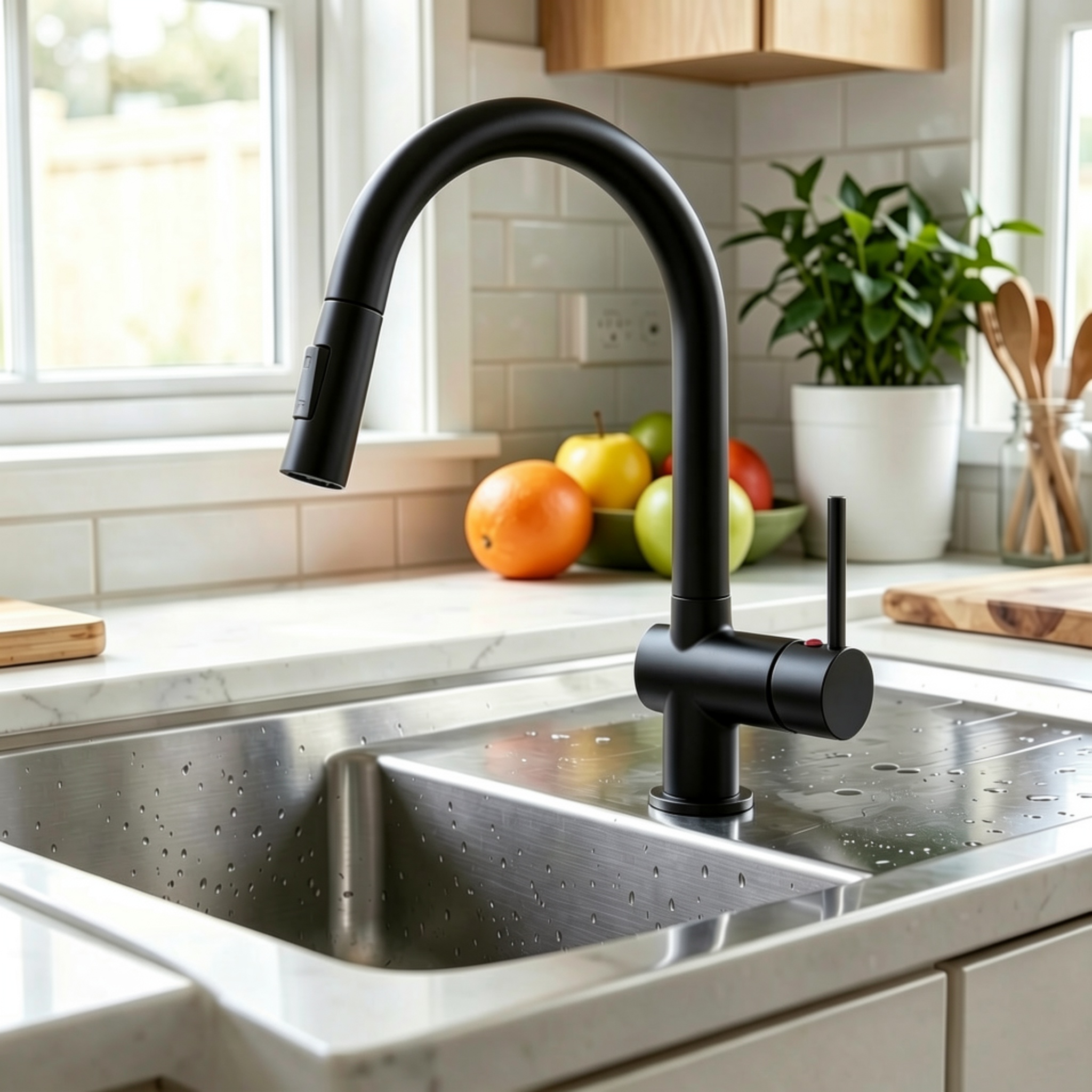 Aica Hochbogen Küchenarmatur Ausziehbar 2 Strahlarten Messingkern Hochdruck Ktw Schwarz Matt