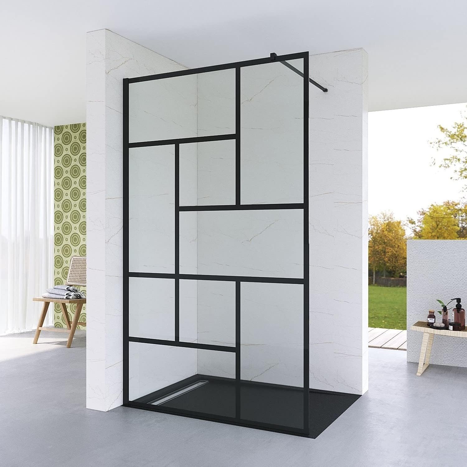 Walk-in Dusche 100x200 Cm 8 Mm Esg Sicherheitsglas Mit Schwarz Matt Karo-dekor Nano-versiegelte Duschabtrennung Inkl. Wandprofil