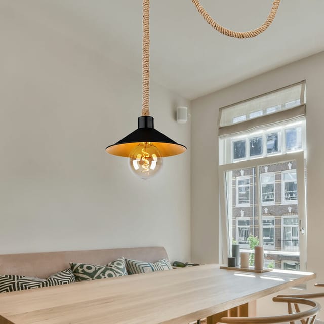 Seillampe Pendellampe Hanfseil gold schwarz E27 Vintage Wohnzimmer Pendelleuchte verstellbar, Hanfseil Metall, 1x E27 Fassung, DxH 22x120 cm
