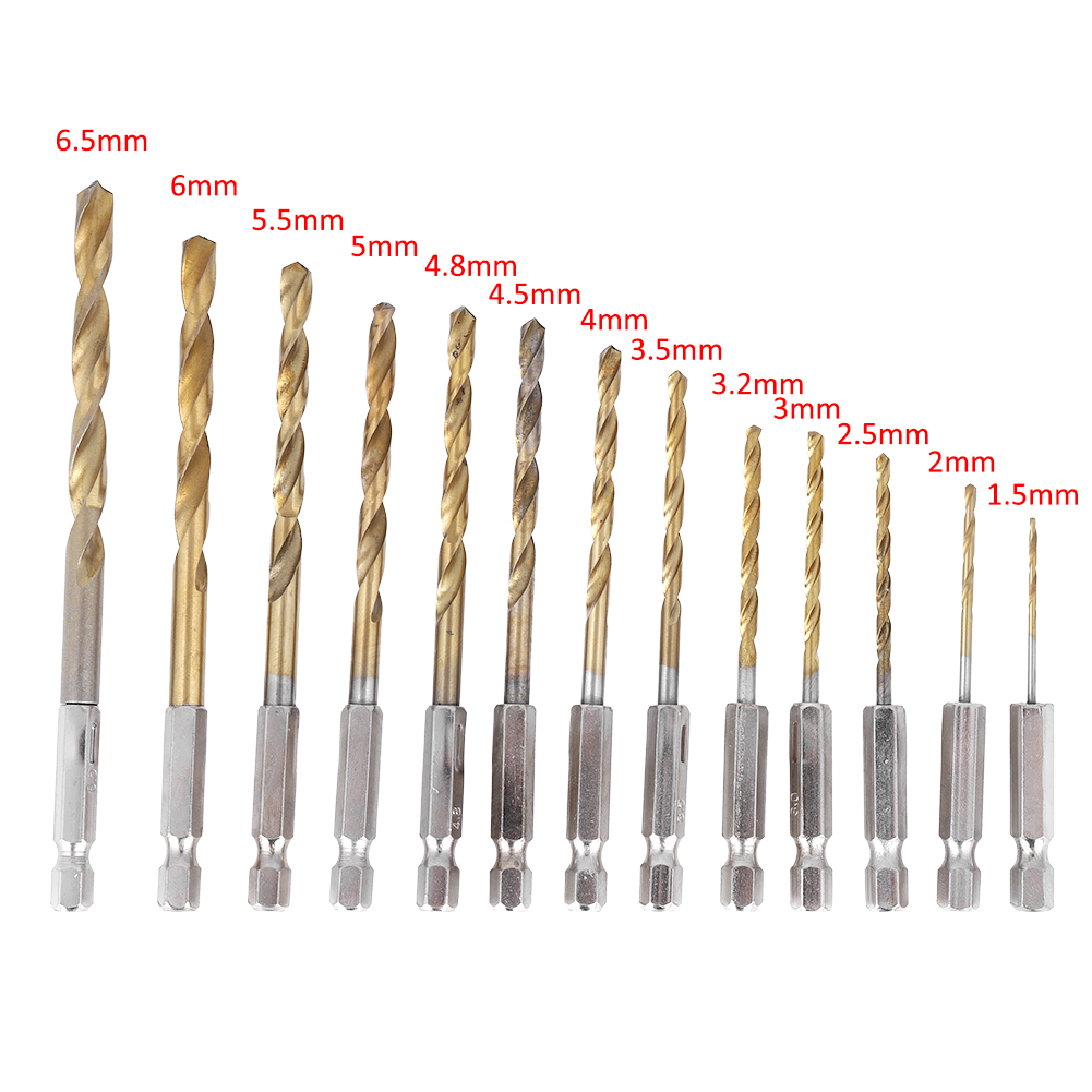 13-teiliges Set Hss-spiralbohrer (1,5–6,5 Mm) Mit Titanbeschichtung Und Sechskantgriff