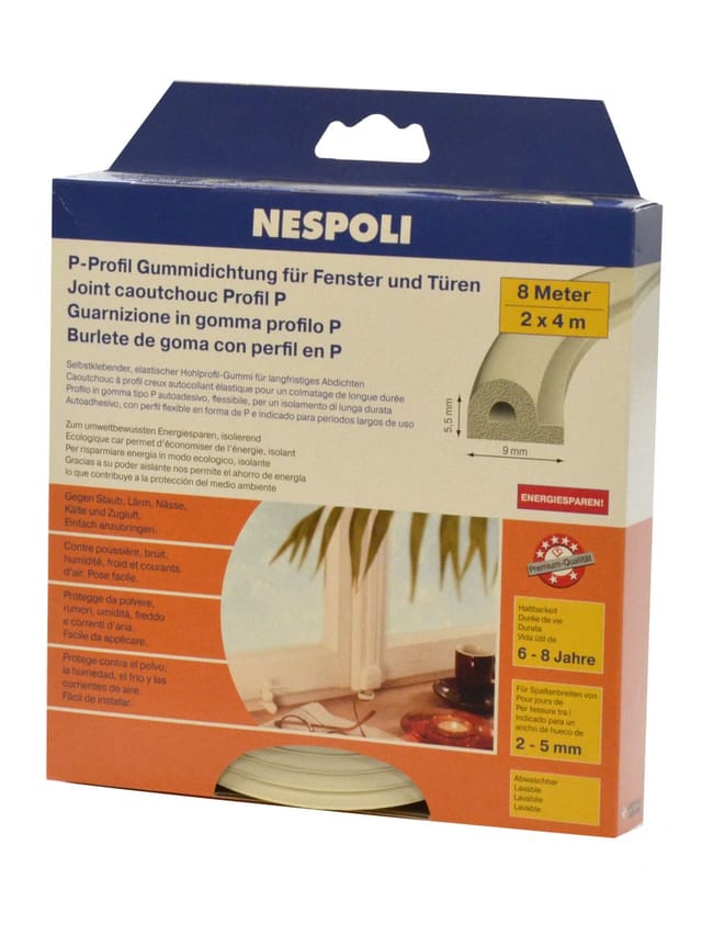Nespoli - Fenster- und Türdichtung mit P-Profil je 4 m, 9 x 5,5 mm, weiß, 2 Stück Türdichtungen & Fensterdichtungen