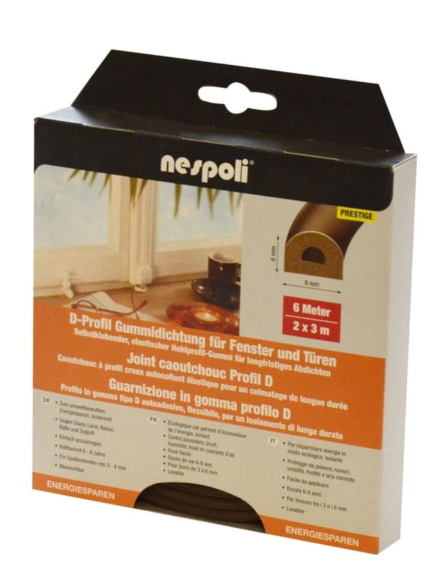 Nespoli Fenster- und Türdichtung mit D-Profil je 3 m, 9 x 6 mm, braun, 2 Stück Türdichtungen & Fensterdichtungen
