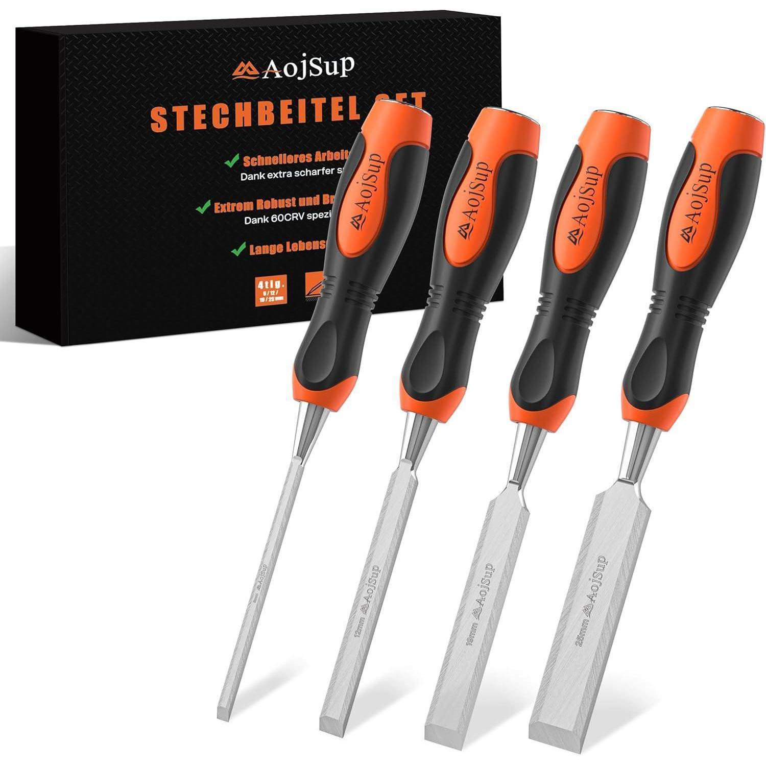 Stechbeitel Set 4tlg. 6-25mm Mit Schlagkappe Und 25° Keilwinkel