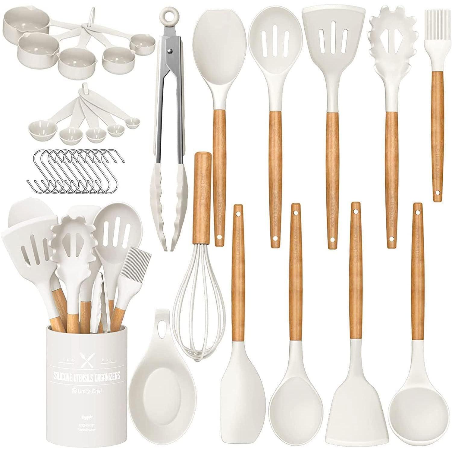 33-teiliges Küchenutensilien-set Aus Silikon Mit Holzgriffen, Antihaftbeschichtet, Cremeweiß