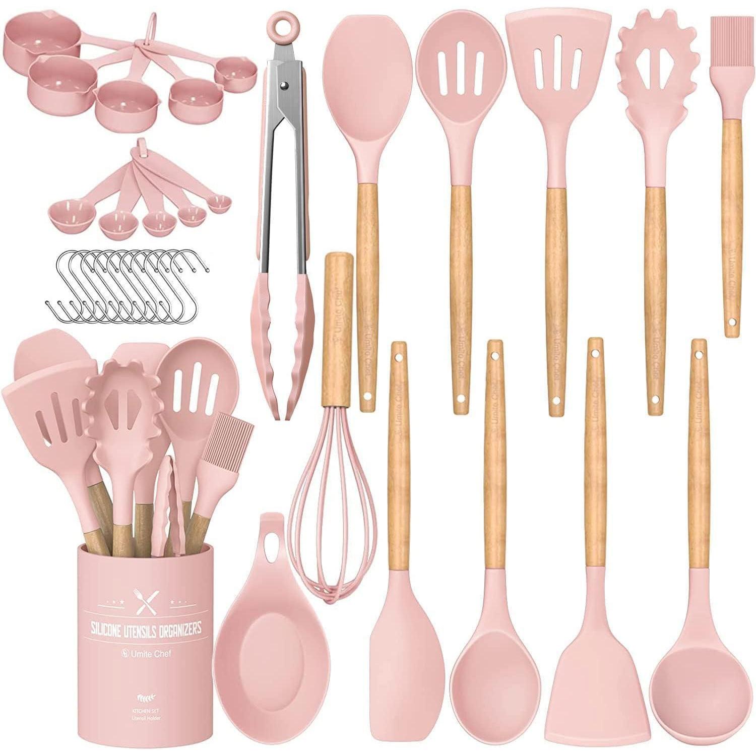 33-teiliges Küchenutensilien-set Aus Silikon Mit Holzgriff, Pink