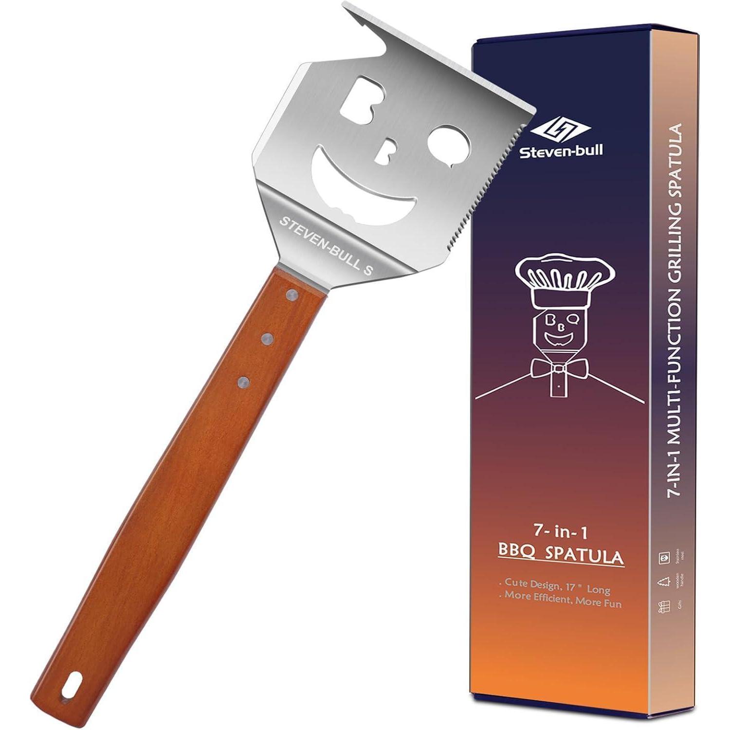 7-in-1 Grillspatel Mit Holzgriff, Multifunktions-grillwerkzeug, Edelstahl, 43 Cm Lang