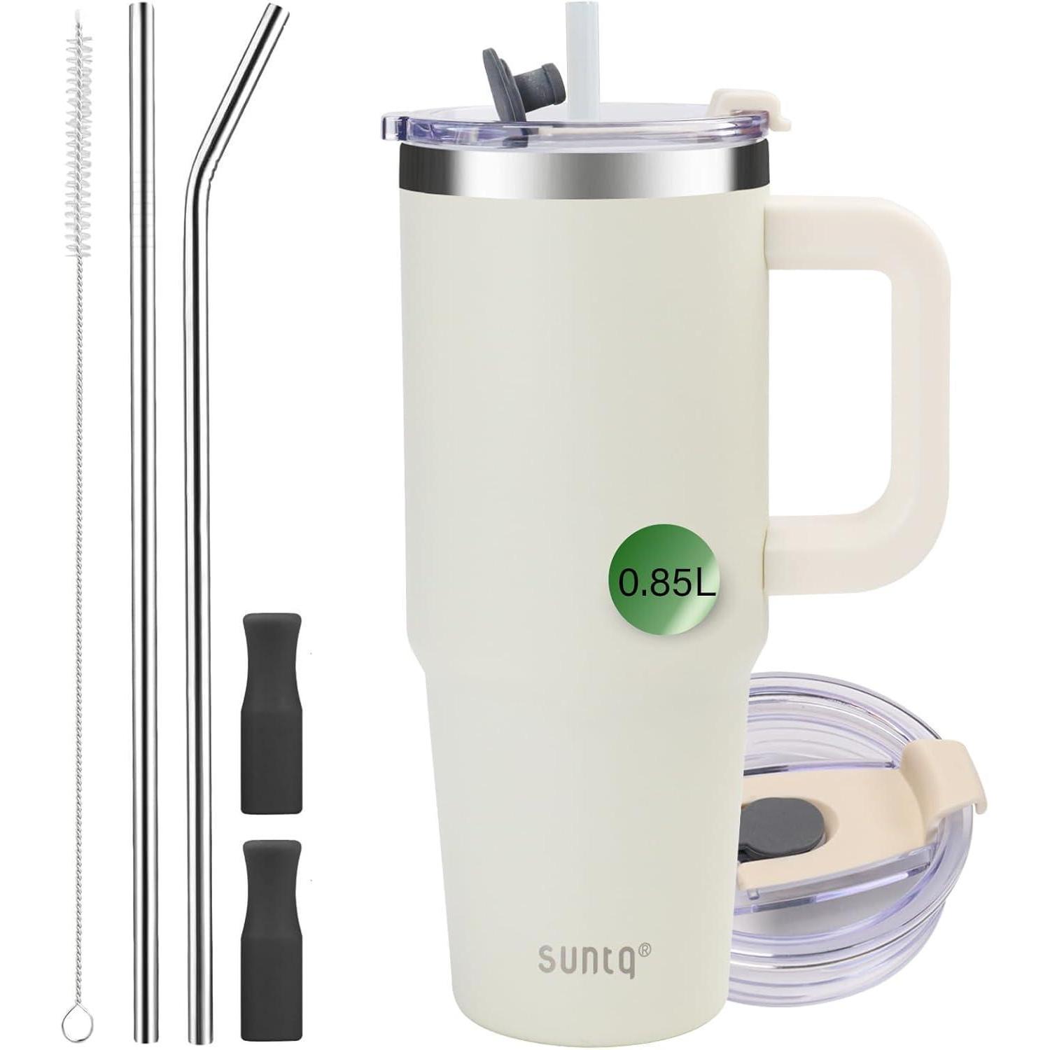 Edelstahl Thermobecher 850ml Mit Griff, Vakuum-isolierung, Strohhalm & Deckel, Off-white