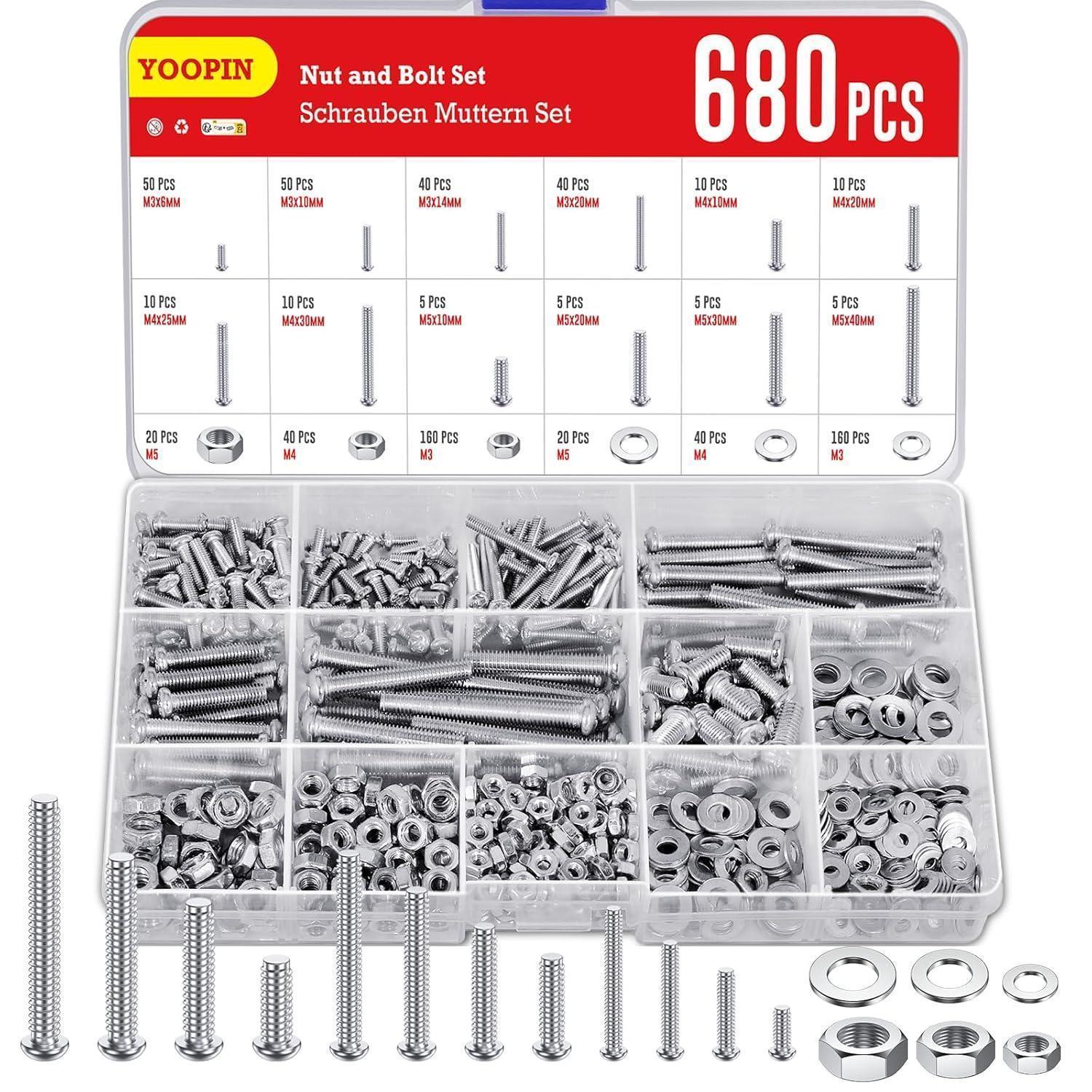 Schrauben Und Muttern Set 680tlg. M3 M4 M5 Kreuzschlitz Linsenkopf Kohlenstoffstahl Sortiment Mit Unterlegscheiben Für Heimwerkerprojekte Und Möbelmontage