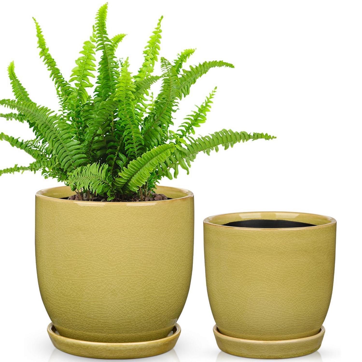 Keramik Übertopf 2er-set Mit Untersetzer, 15/12cm, Für Zimmerpflanzen, Retro-design, Grün