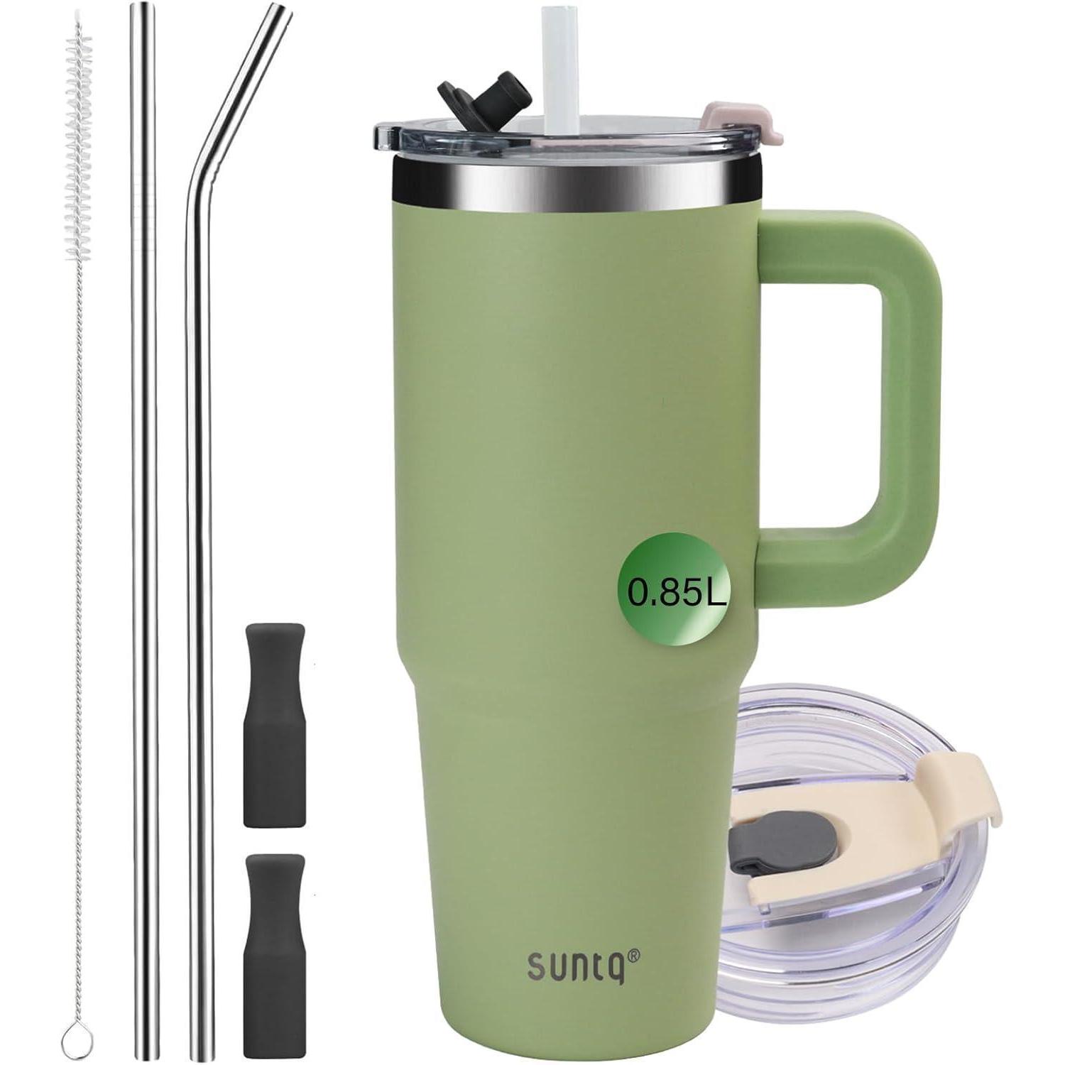Isolierter Reisebecher 850ml Mit Griff, Vakuum Edelstahl Thermobecher Mit Strohhalm Und Deckel