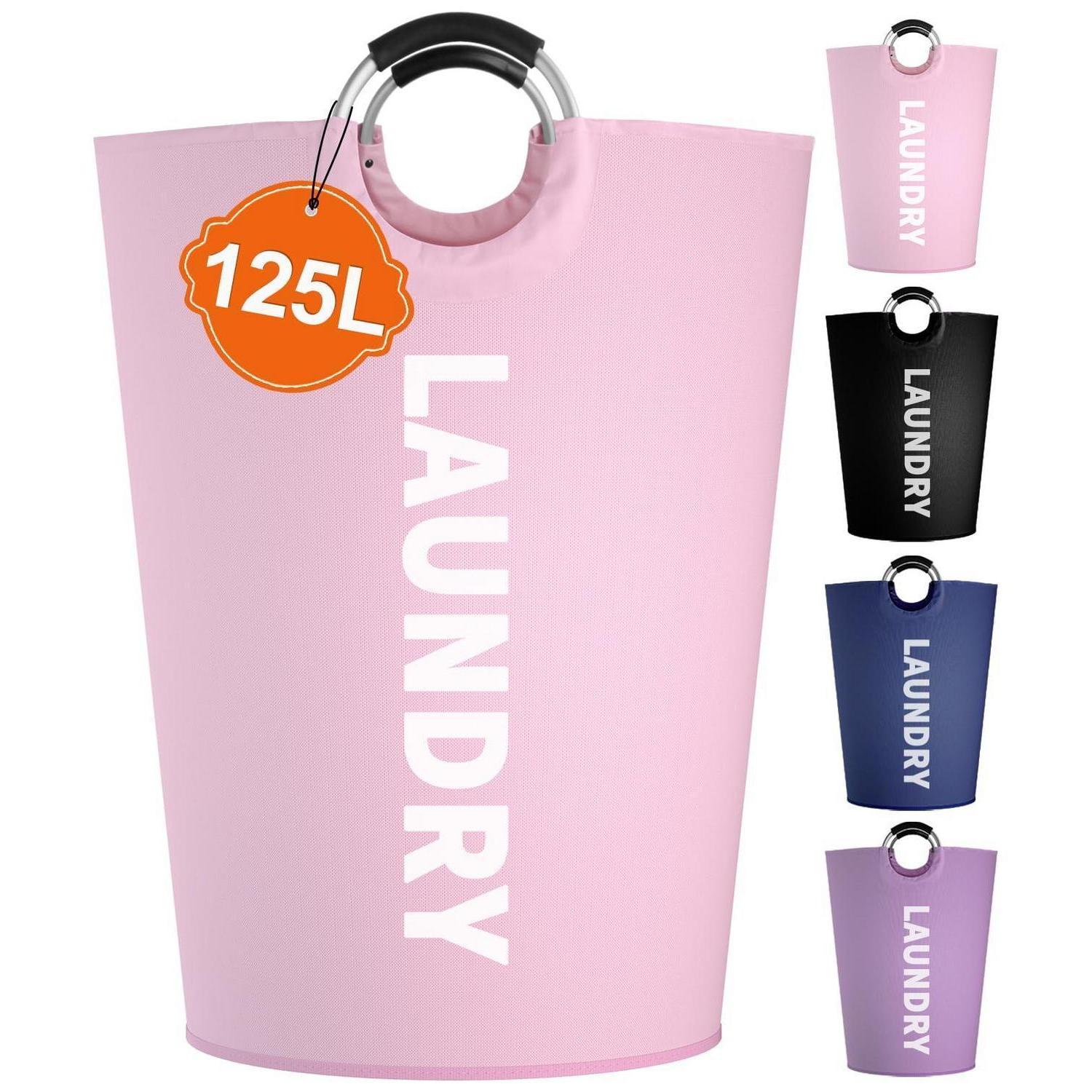 125l Faltbarer Wäschekorb Mit Aluminiumgriff, Freistehend, Rosa