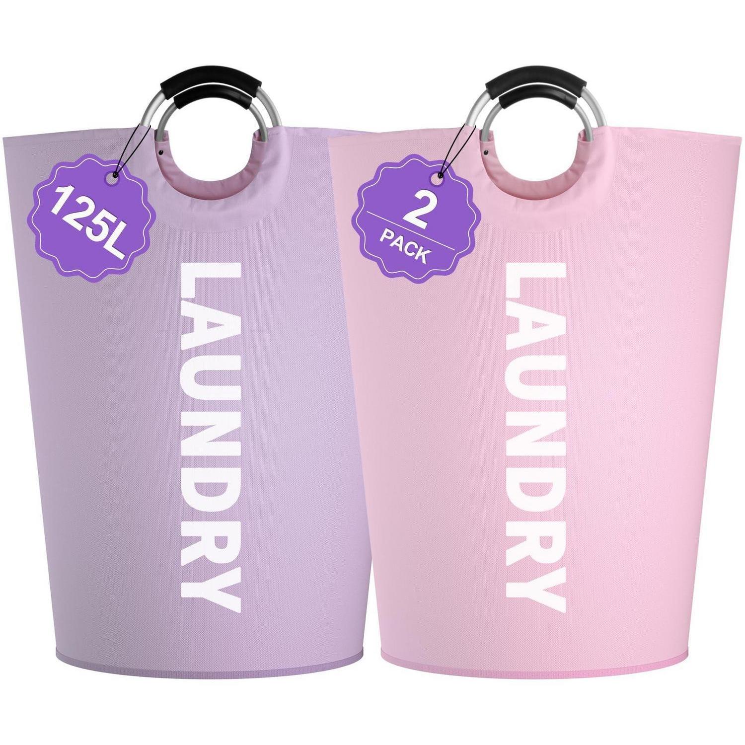 2er Pack Xl Wäschekörbe 125l Faltbar Mit Griffen, 600d Oxford, Lila + Rosa