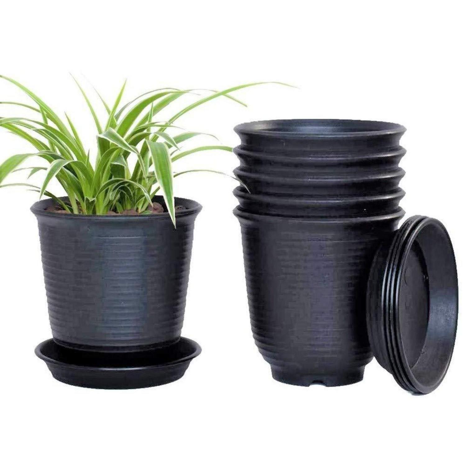 6er Set Kunststoff Blumentöpfe Mit Untersetzer, 15.5cm, Schwarz