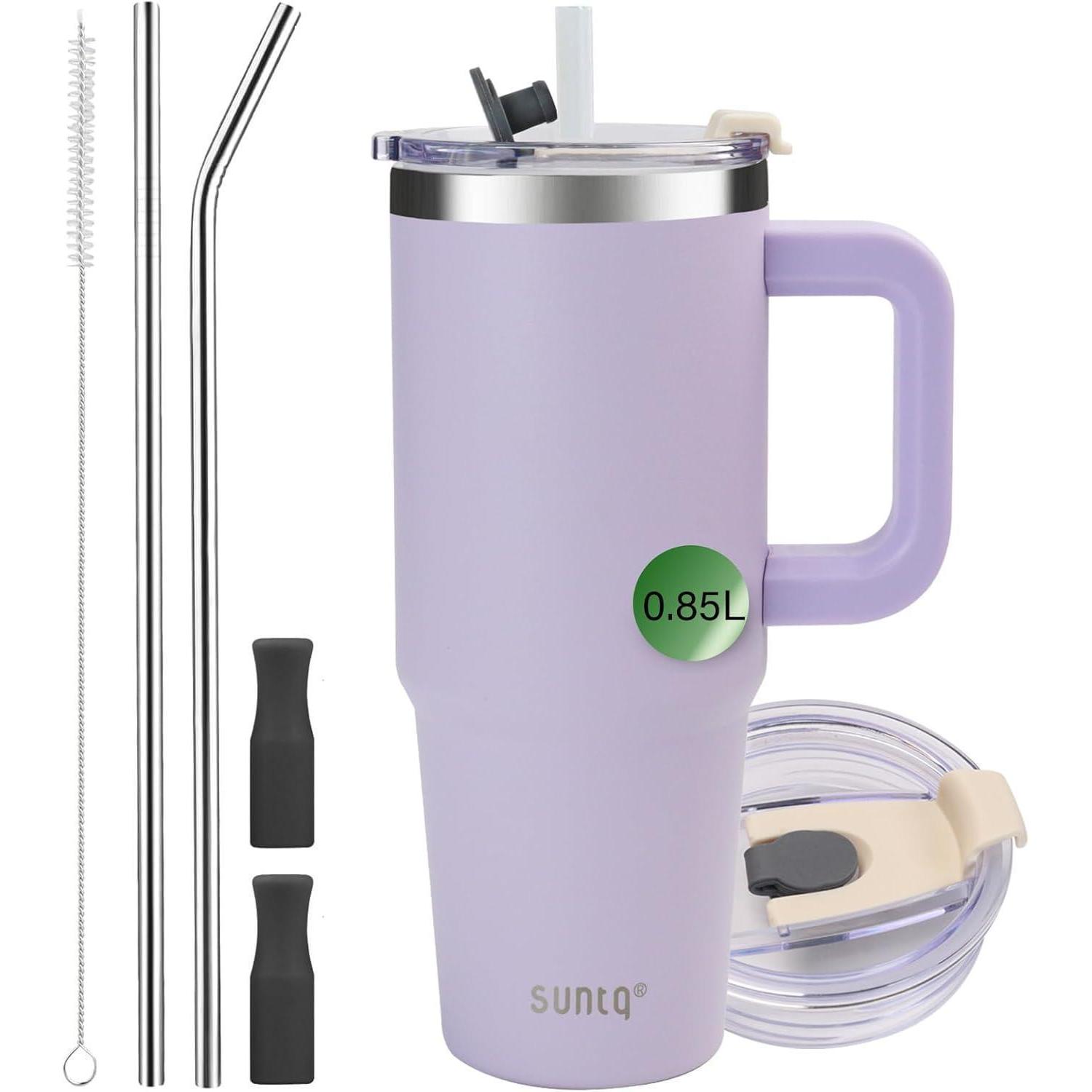 Isolierter Reisebecher 850ml Mit Griff, Vakuum-edelstahl-kaffeebecher Mit Strohhalm Und Deckel, Lila